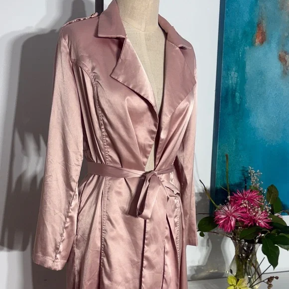 Rose Satin Longline Trench Coat with Tie Belt - Picture 2 of 10